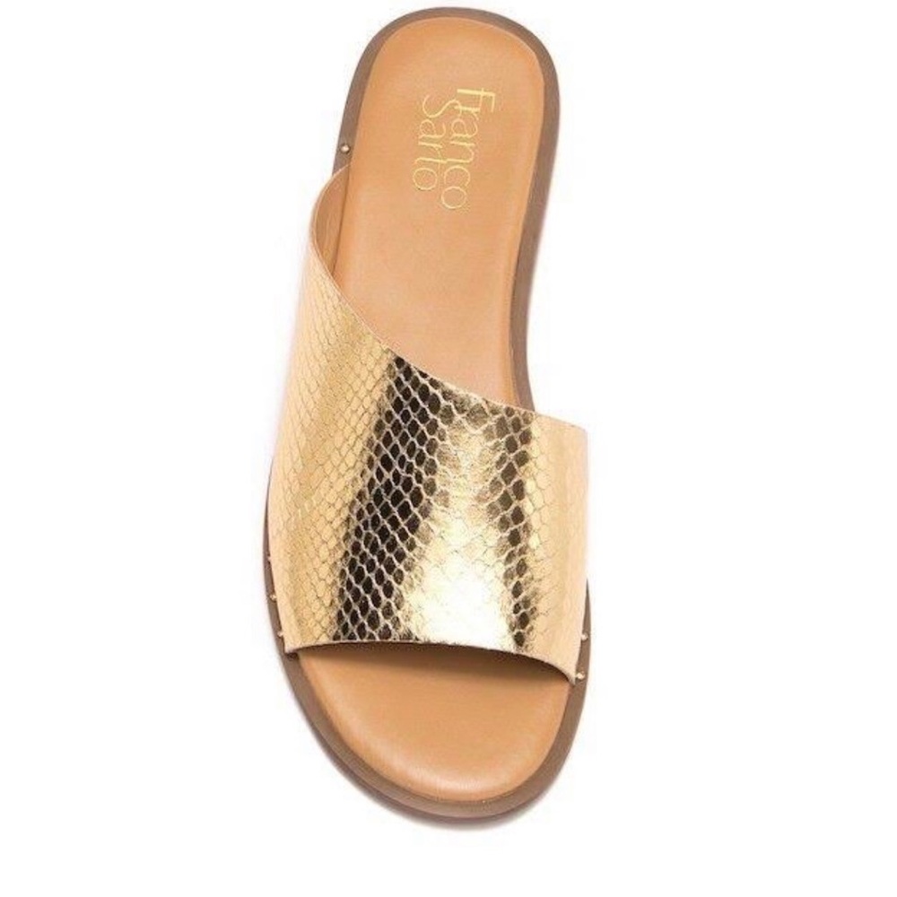 Franco Sarto Rye Gold Snake Print slide Sandals